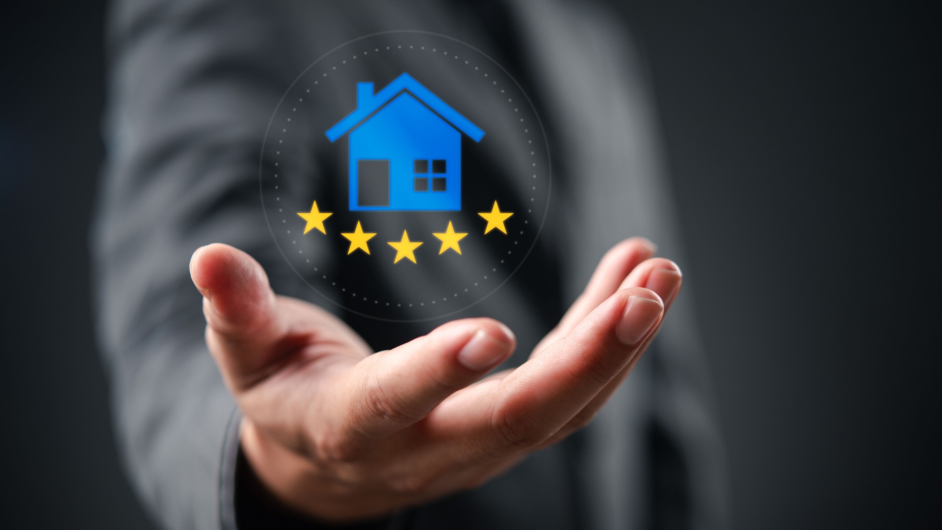 Real estate review concept with 5-star house rating icon, representing property quality, housing reputation, and customer satisfaction score.