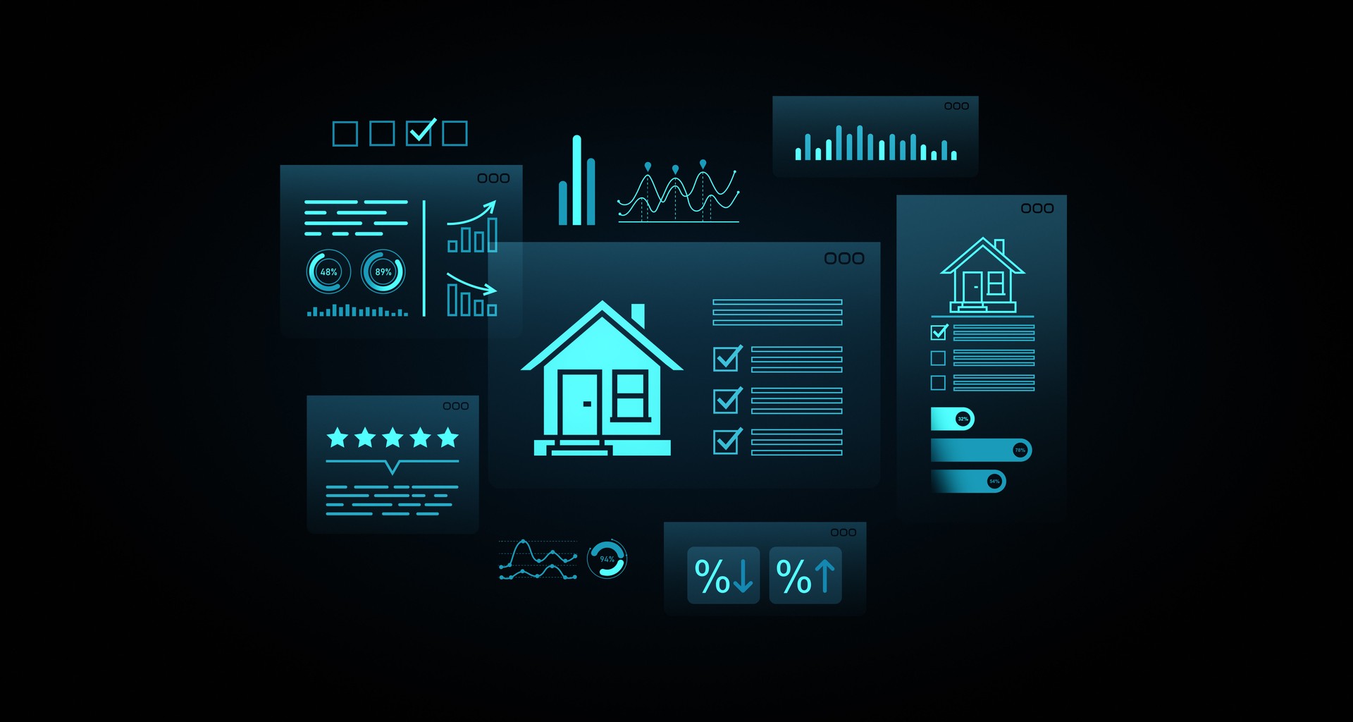 Futuristic 3D concept dashboard interface with glowing house icon, graphs, checklists, and analytics widgets on dark digital background. 3D Rendering